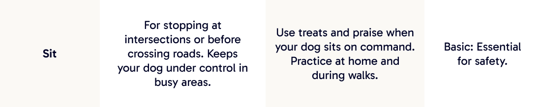 Sit | For stopping at intersections or before crossing roads. Keeps your dog under control in busy areas.